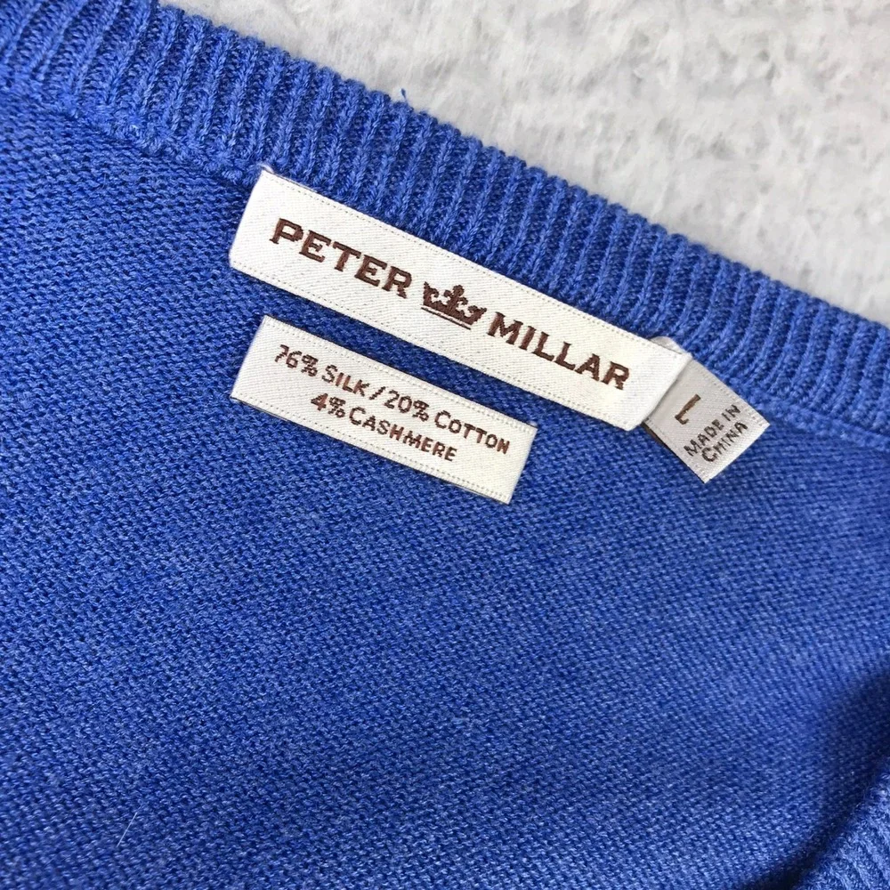 Peter Millar Sweater Mens L Blue Silk Cotton Cashmere Knit V Neck Pullover *Flaw